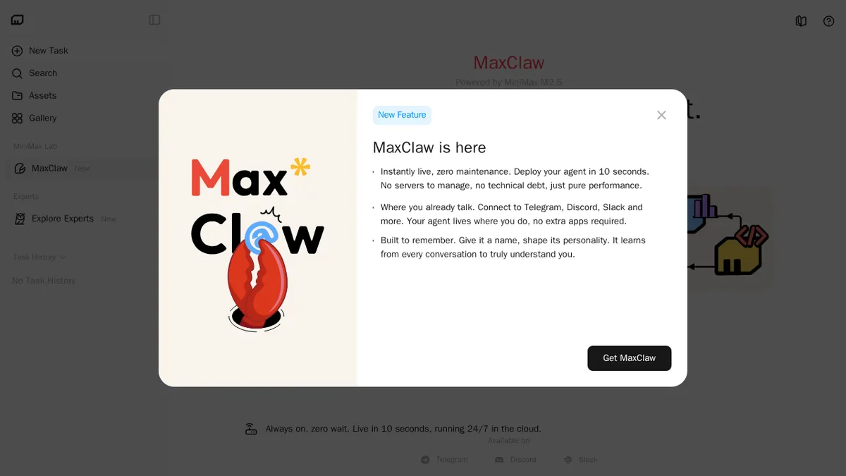 MaxClaw - Build Your AI Agent with Skills & Subagents screenshot